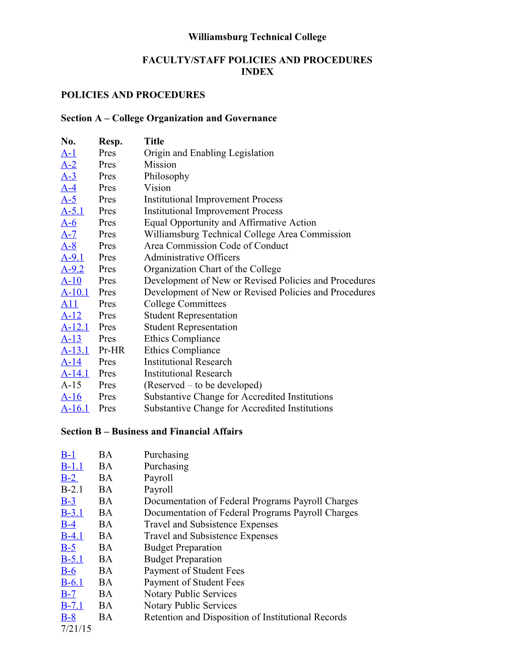 Faculty/Staff Policies and Procedures