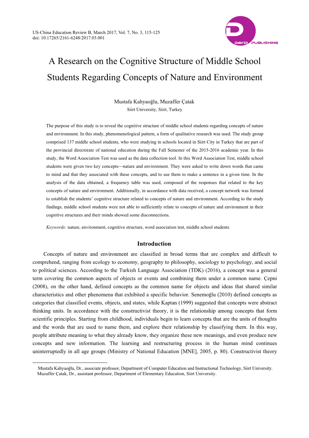 A Research on the Cognitive Structure of Middle School Students Regarding Concepts of Nature and Environment