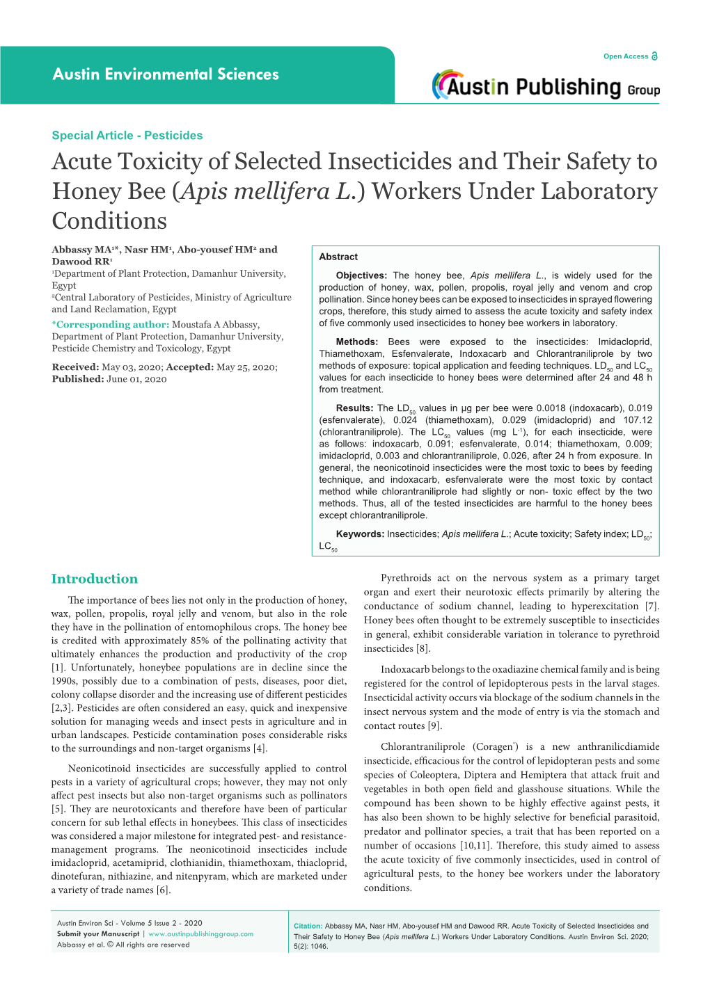 Acute Toxicity of Selected Insecticides and Their Safety to Honey Bee (Apis Mellifera L.) Workers Under Laboratory Conditions