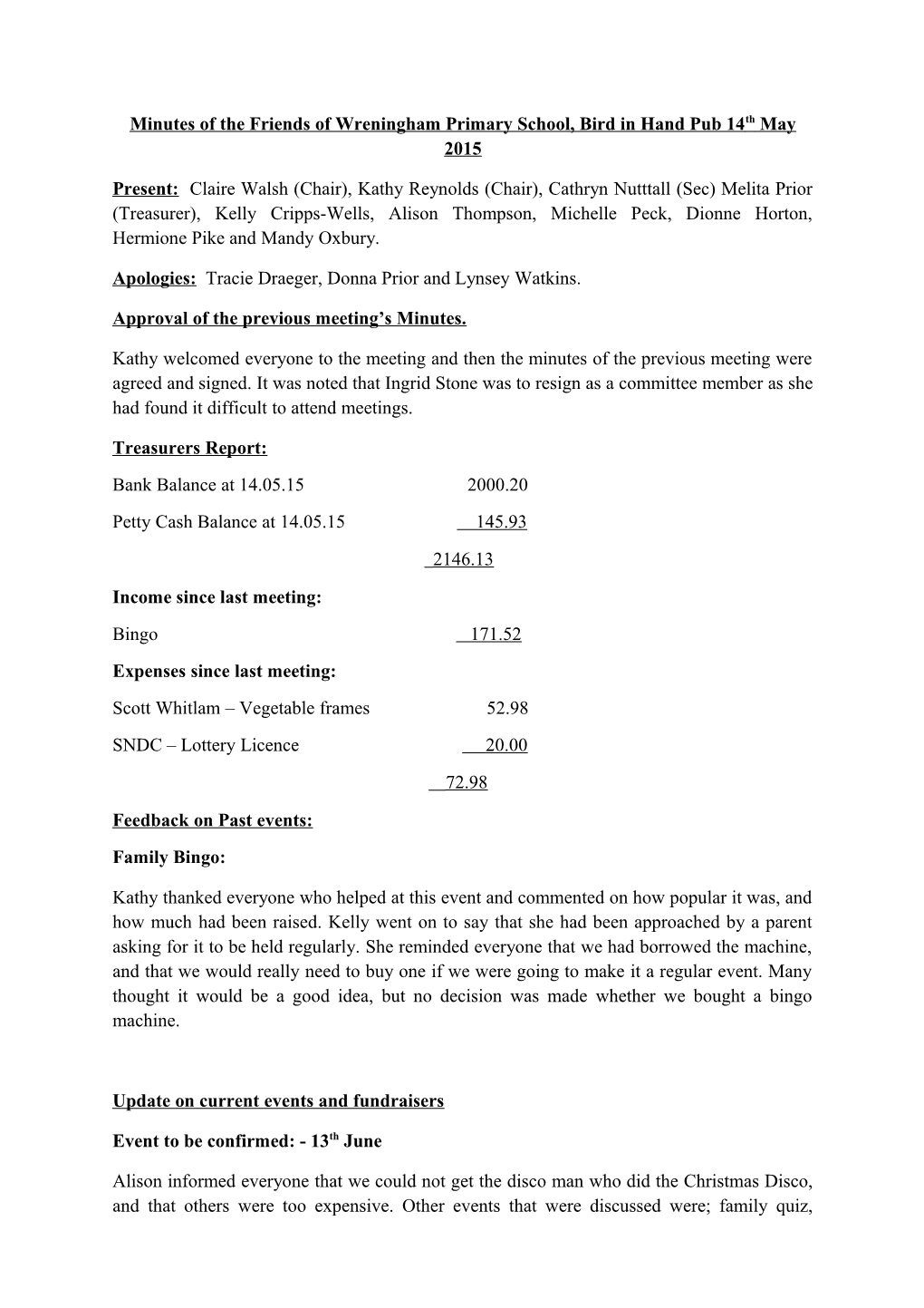 Minutes of the Friends of Wreningham Primary School, Bird in Hand Pub 14Th May 2015