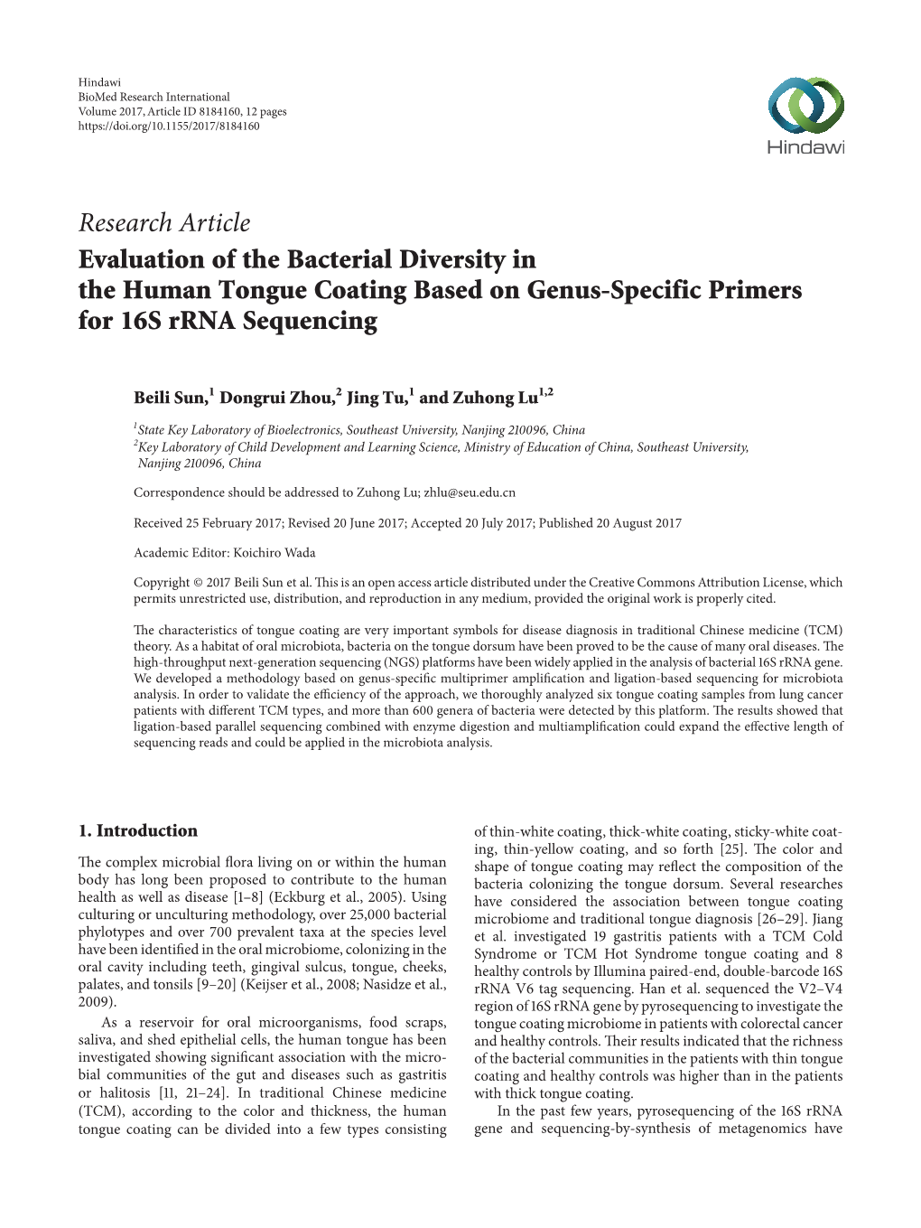 Evaluation of the Bacterial Diversity in the Human Tongue Coating Based on Genus-Specific Primers for 16S Rrna Sequencing