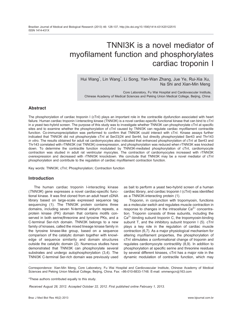 TNNI3K Is a Novel Mediator of Myofilament Function and Phosphorylates Cardiac Troponin I