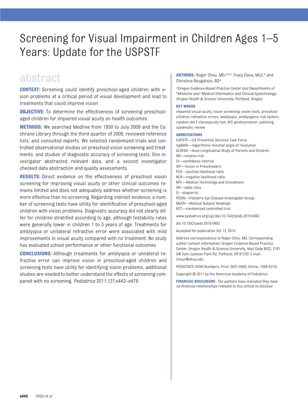 Screening for Visual Impairment in Children Ages 1–5 Years: Update for the USPSTF