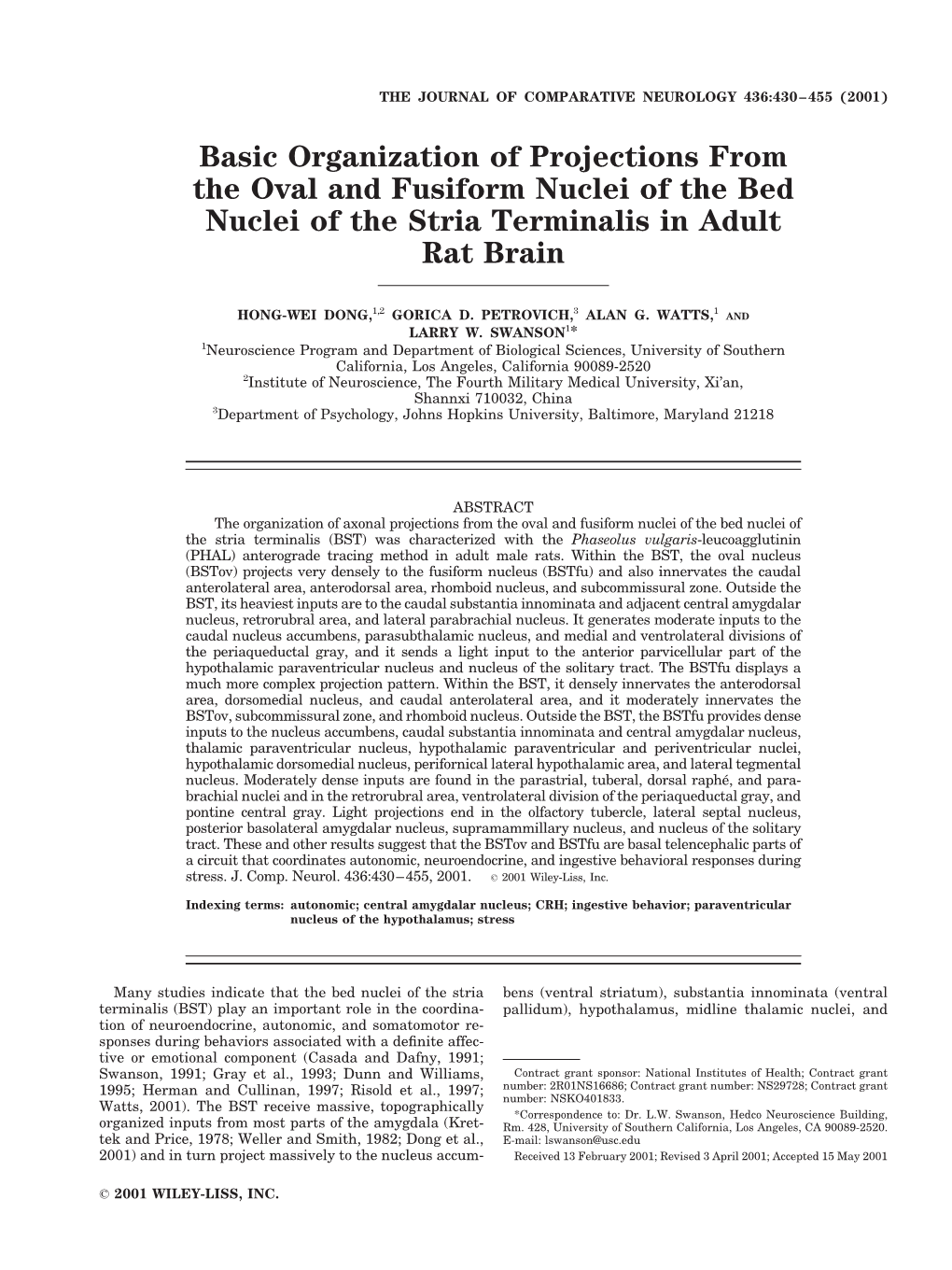 Basic Organization of Projections from the Oval and Fusiform Nuclei of the Bed Nuclei of the Stria Terminalis in Adult Rat Brain