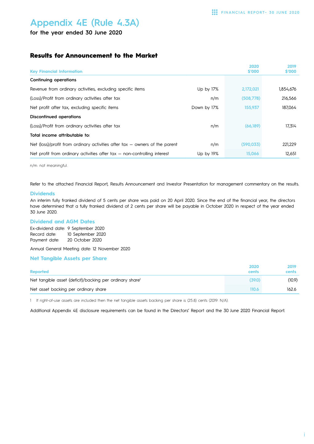 Appendix 4E (Rule 4.3A) for the Year Ended 30 June 2020