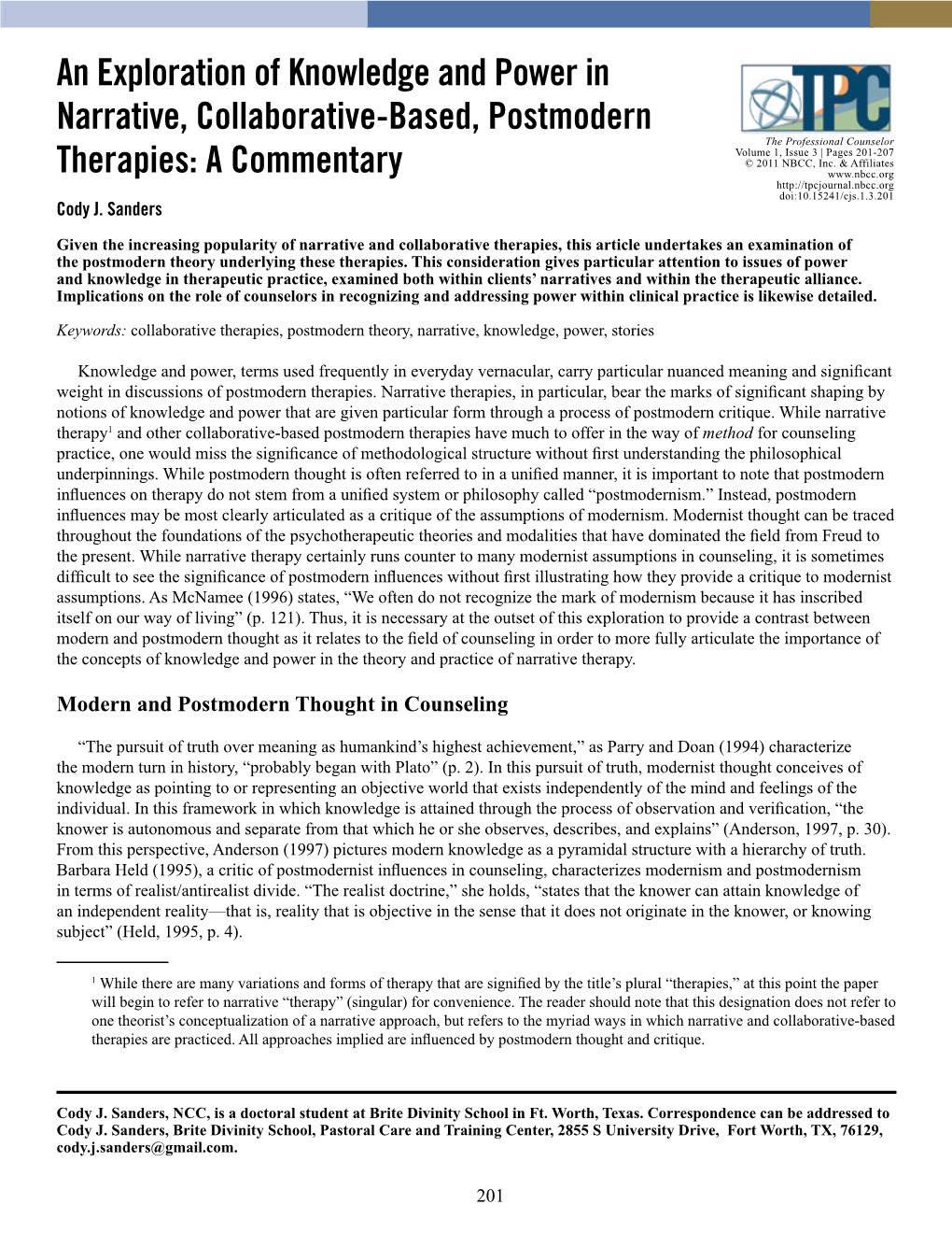 An Exploration of Knowledge and Power in Narrative, Collaborative-Based, Postmodern Therapies