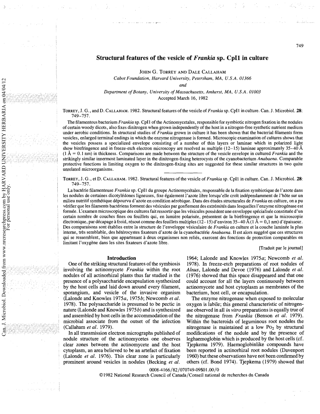 Structural Features of the Vesicle of Frankia Sp. Cpi1 in Culture