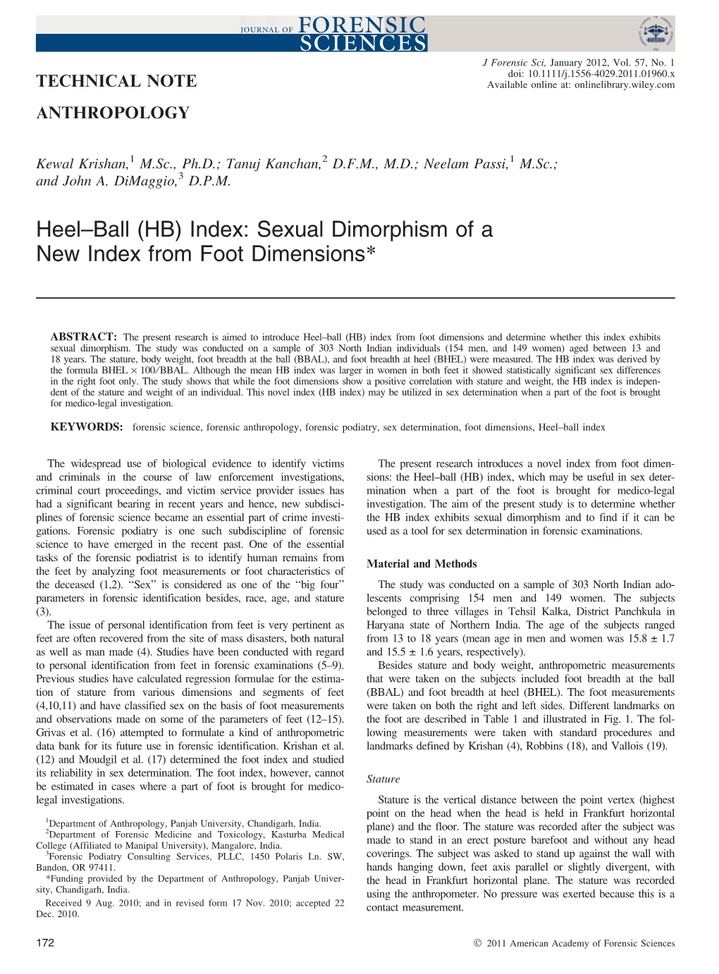 Heelball (HB) Index: Sexual Dimorphism of a New Index from Foot Dimensions