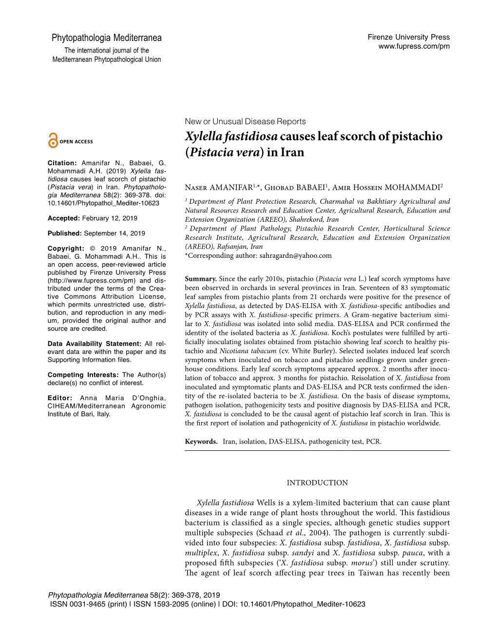 Xylella Fastidiosacauses Leaf Scorch of Pistachio