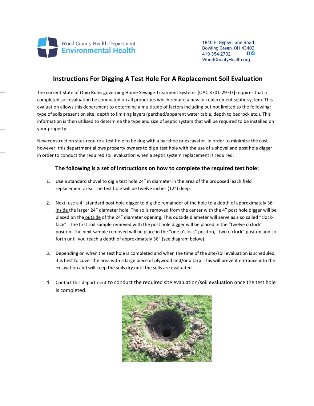 Instructions for Digging a Test Hole for a Replacement Soil Evaluation