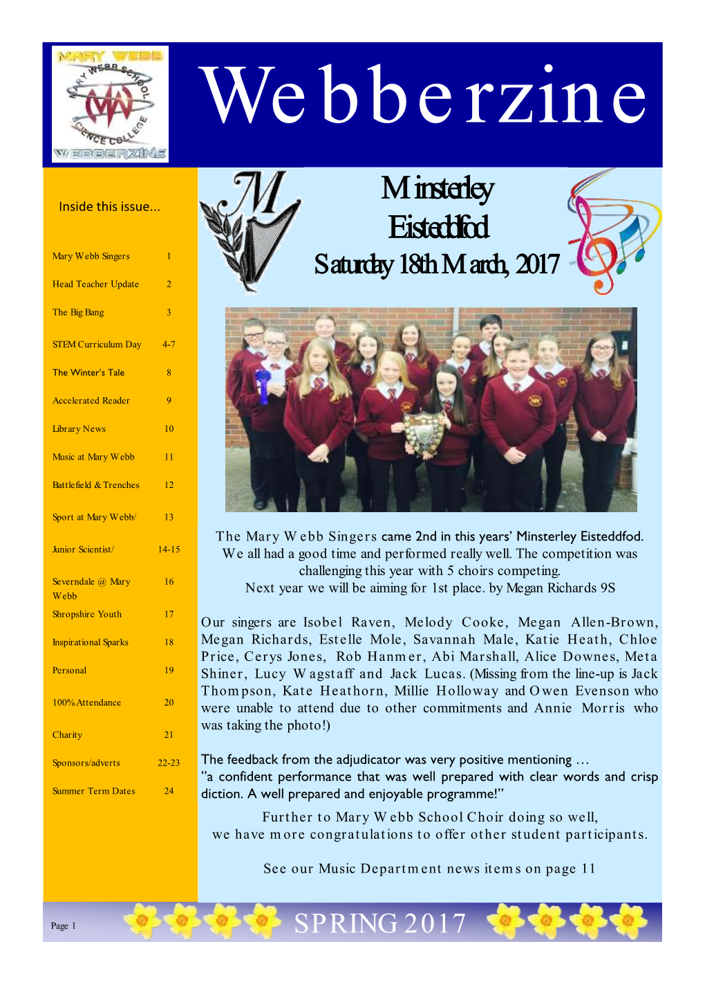 Minsterley Eisteddfod Mary Webb Singers 1 Saturday 18Th March, 2017 Head Teacher Update 2