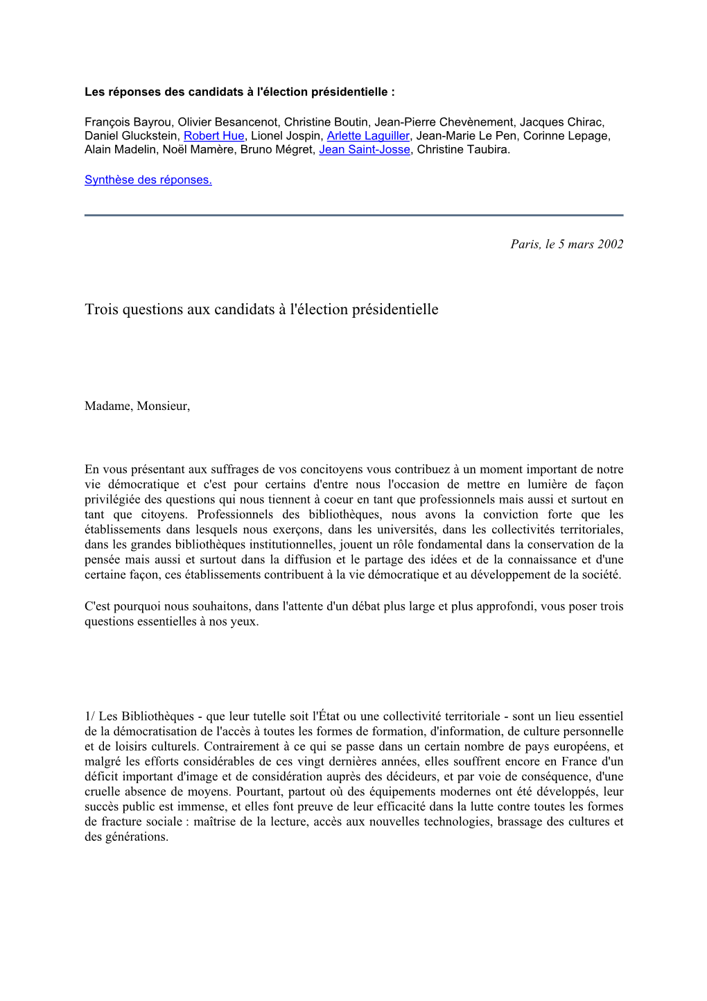 Les Réponses Des Candidats À L'élection Présidentielle