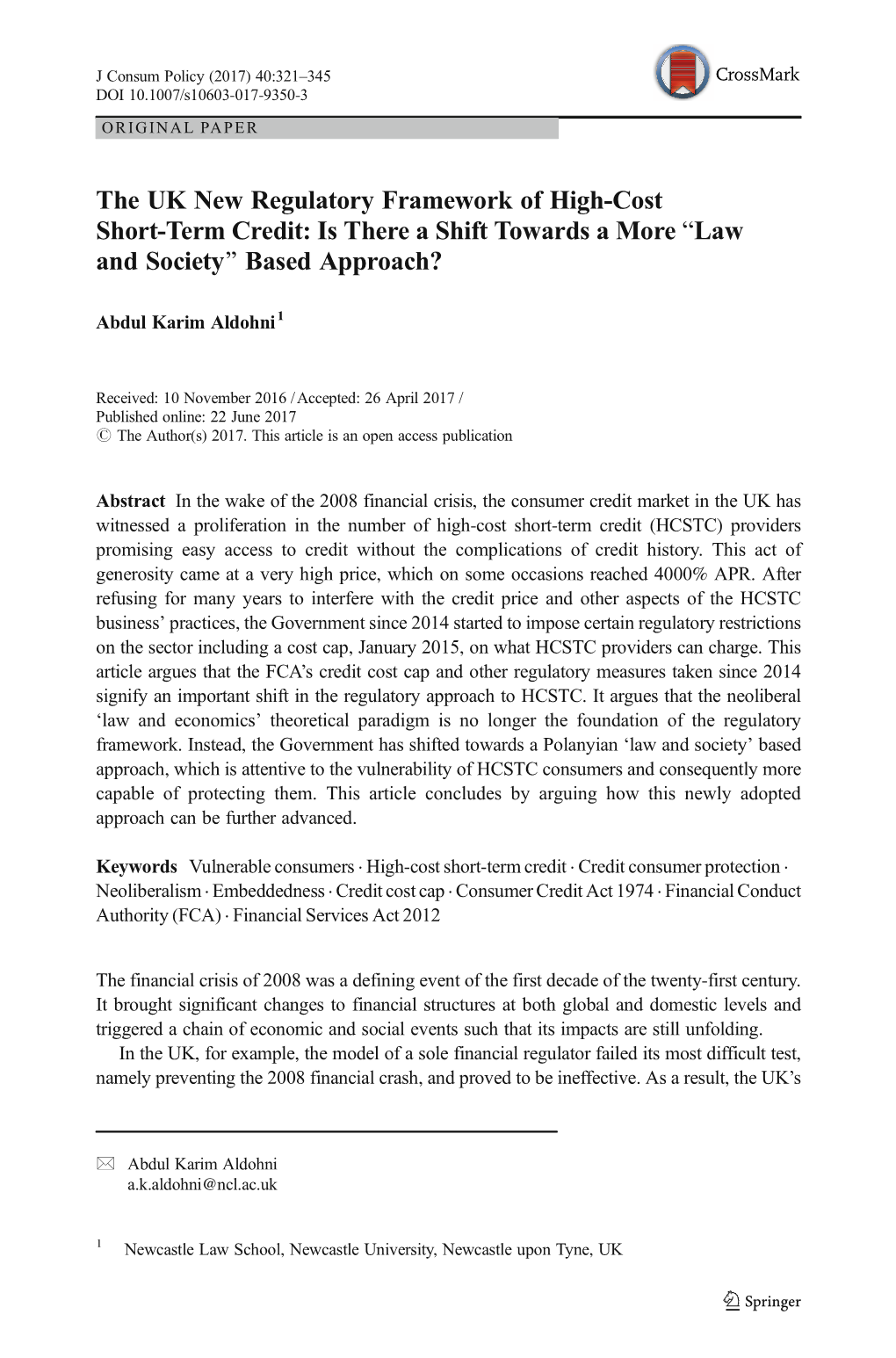 The UK New Regulatory Framework of High-Cost Short-Term Credit: Is There a Shift Towards a More “Law and Society” Based Appr