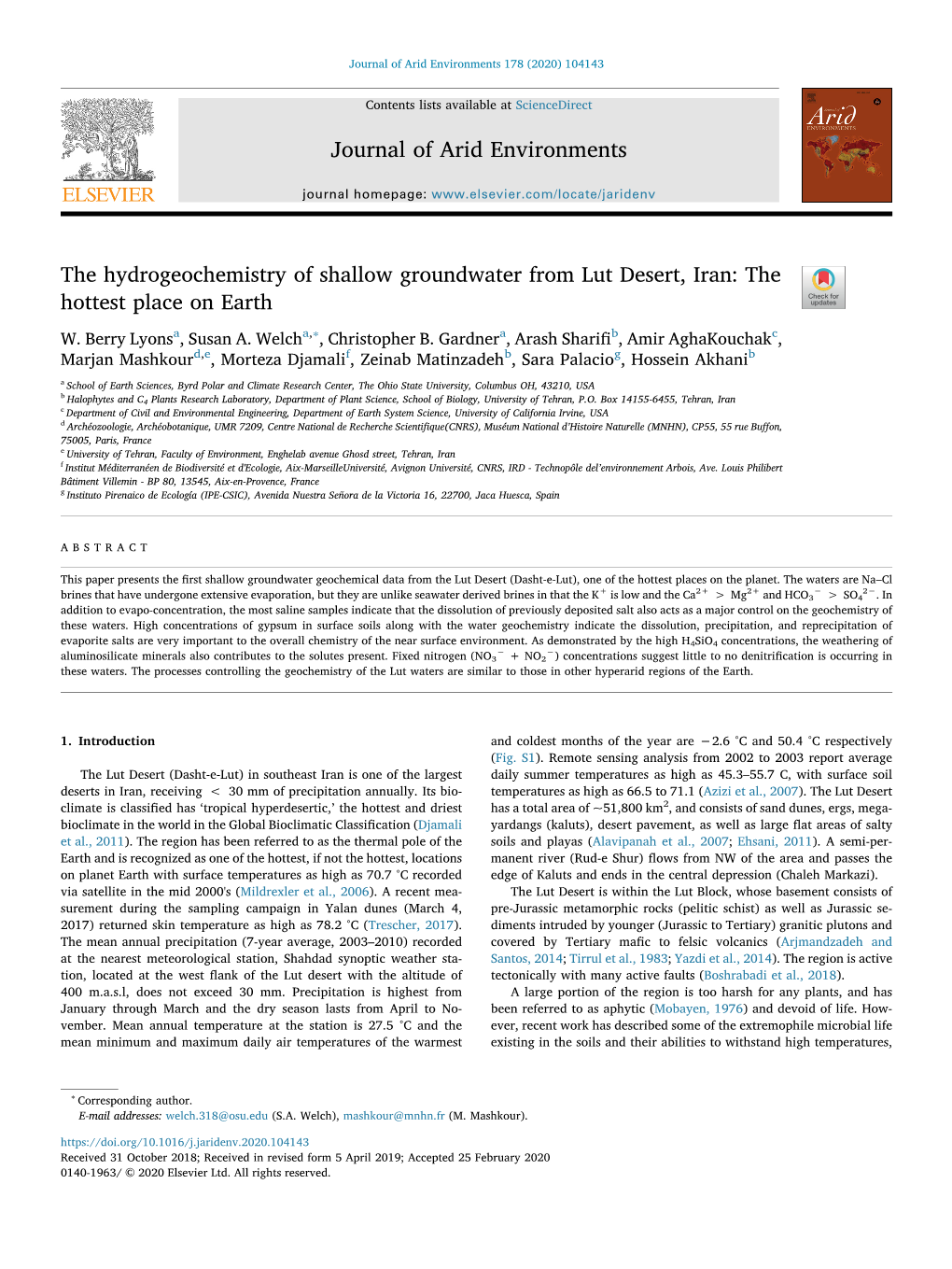 The Hydrogeochemistry of Shallow Groundwater from Lut Desert, Iran the Hottest Place on Earth