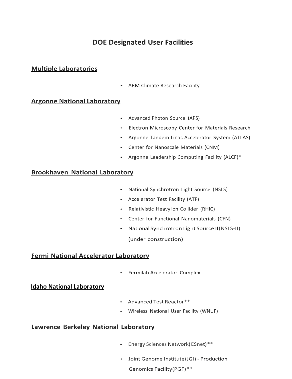 DOE Designated User Facilities