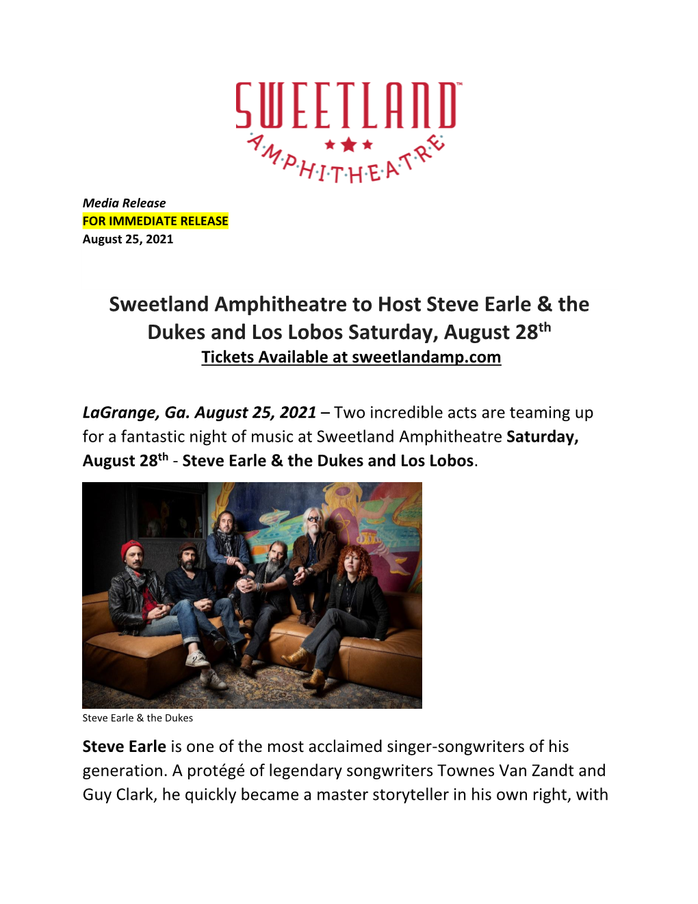 Sweetland Amphitheatre to Host Steve Earle & the Dukes and Los Lobos Saturday, August 28Th