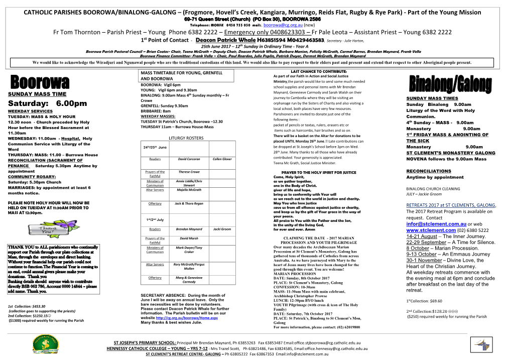 CATHOLIC PARISHES BOROOWA/BINALONG-GALONG-MURRUMBURRAH-Queen Street (PO Box 30), BOOROWA 2586