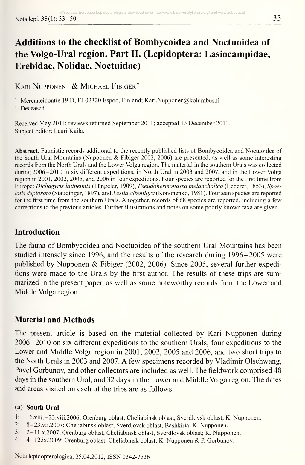 Nota Lepidopterologica, 25.04.2012, ISSN 0342-7536 ©Societas Europaea Lepidopterologica; Download Unter Und