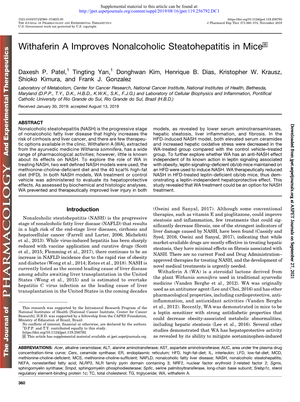 Withaferin a Improves Nonalcoholic Steatohepatitis in Mice S