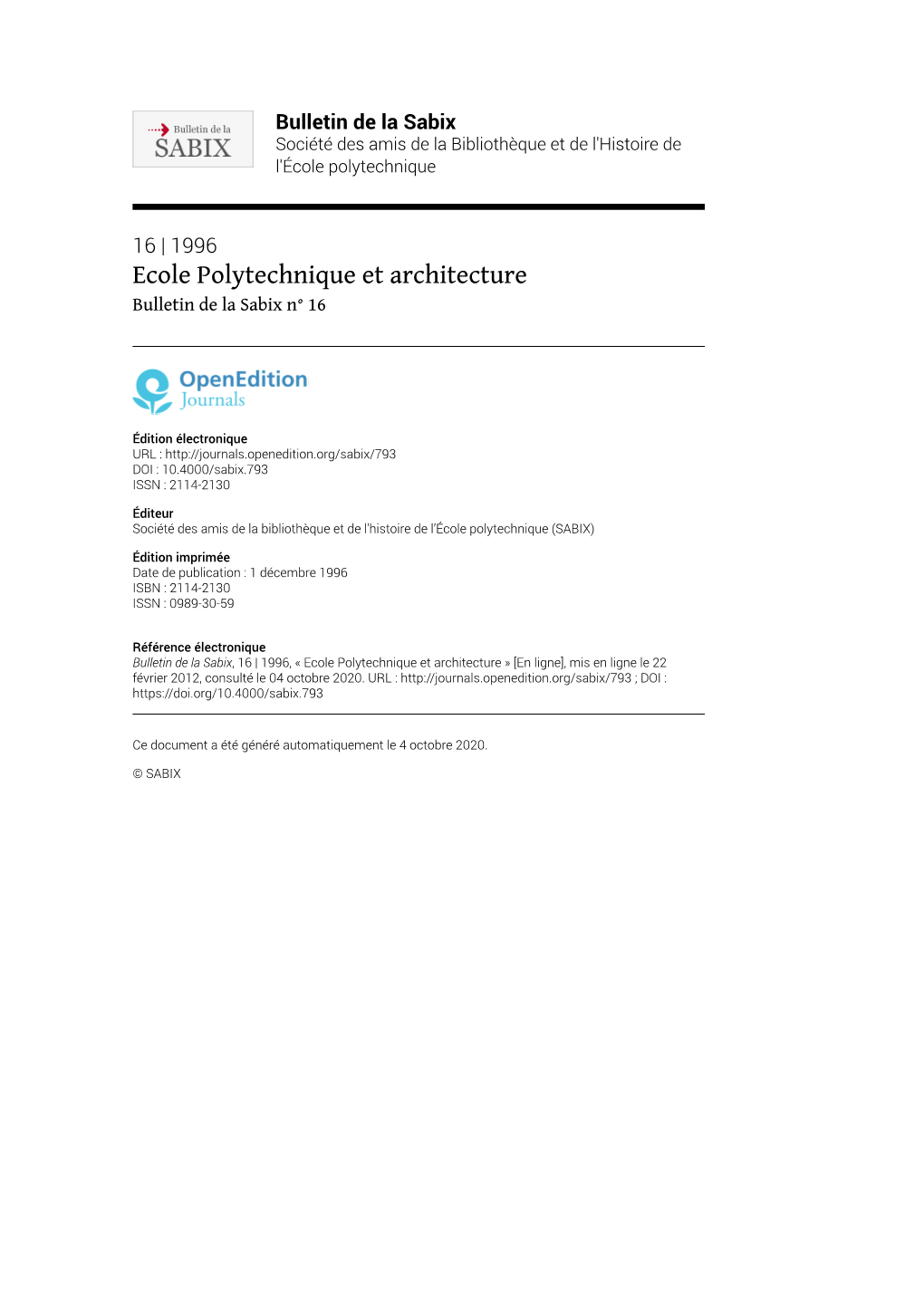 Bulletin De La Sabix, 16 | 1996, « Ecole Polytechnique Et Architecture » [En Ligne], Mis En Ligne Le 22 Février 2012, Consulté Le 04 Octobre 2020