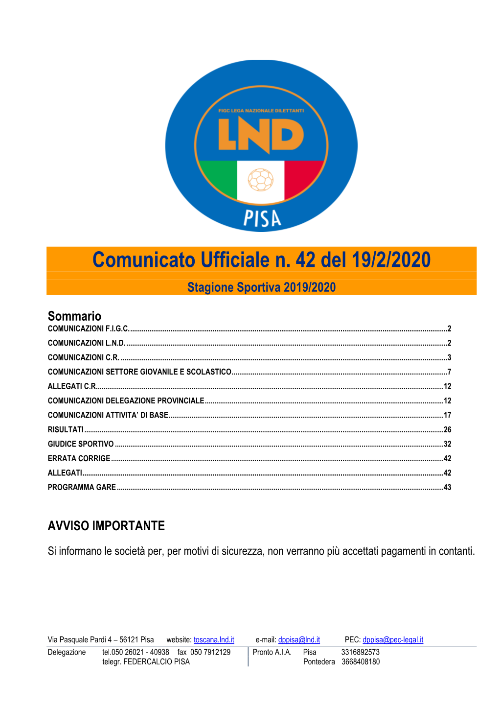 Comunicato Ufficiale N. 42 Del 19/2/2020