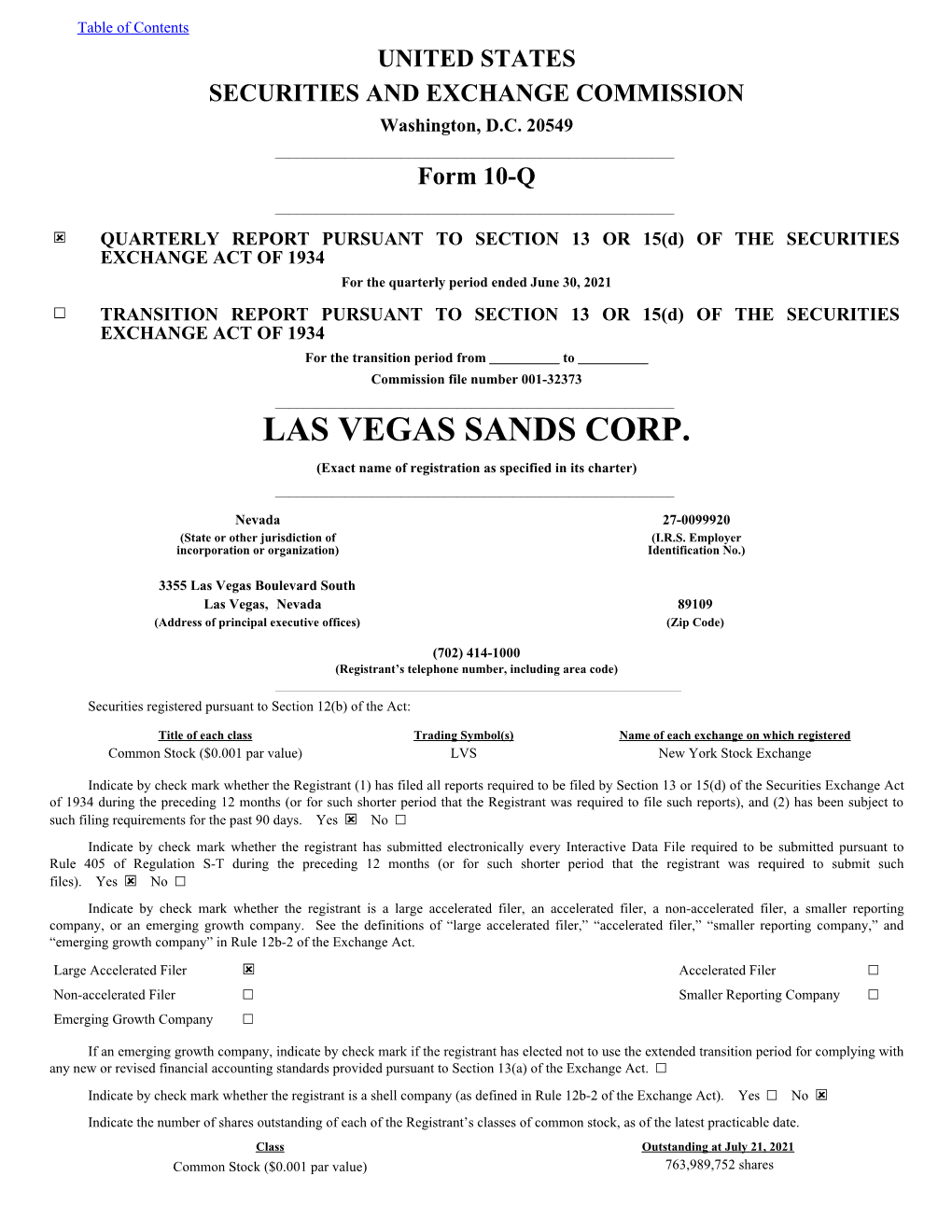 LAS VEGAS SANDS CORP. (Exact Name of Registration As Specified in Its Charter) ______