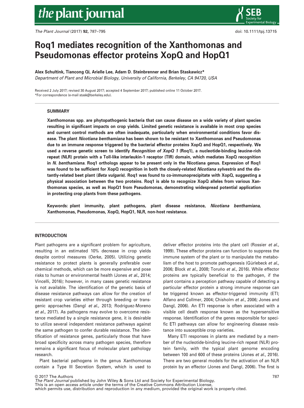 Roq1 Mediates Recognition of the Xanthomonas and Pseudomonas Effector Proteins Xopq and Hopq1