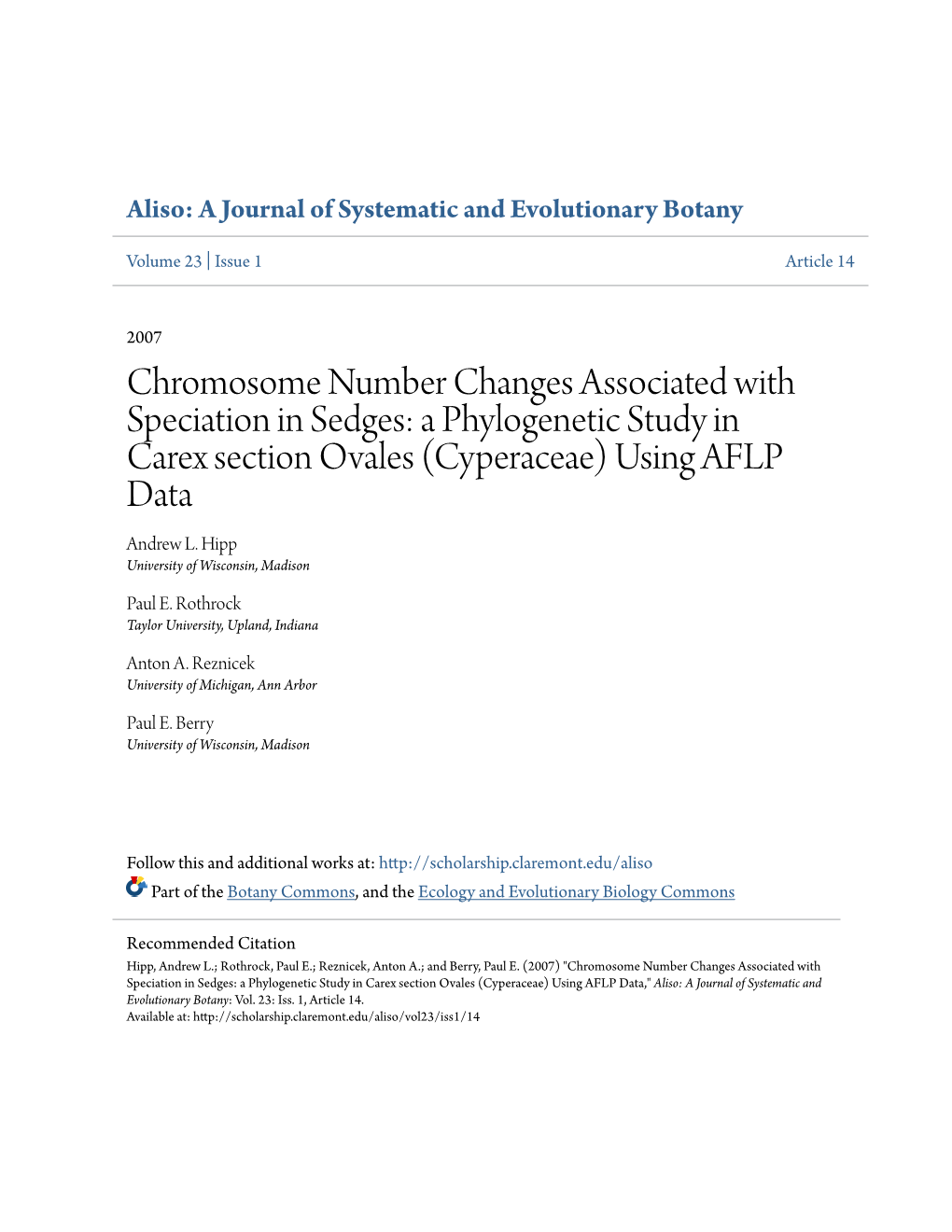 A Phylogenetic Study in Carex Section Ovales (Cyperaceae) Using AFLP Data Andrew L