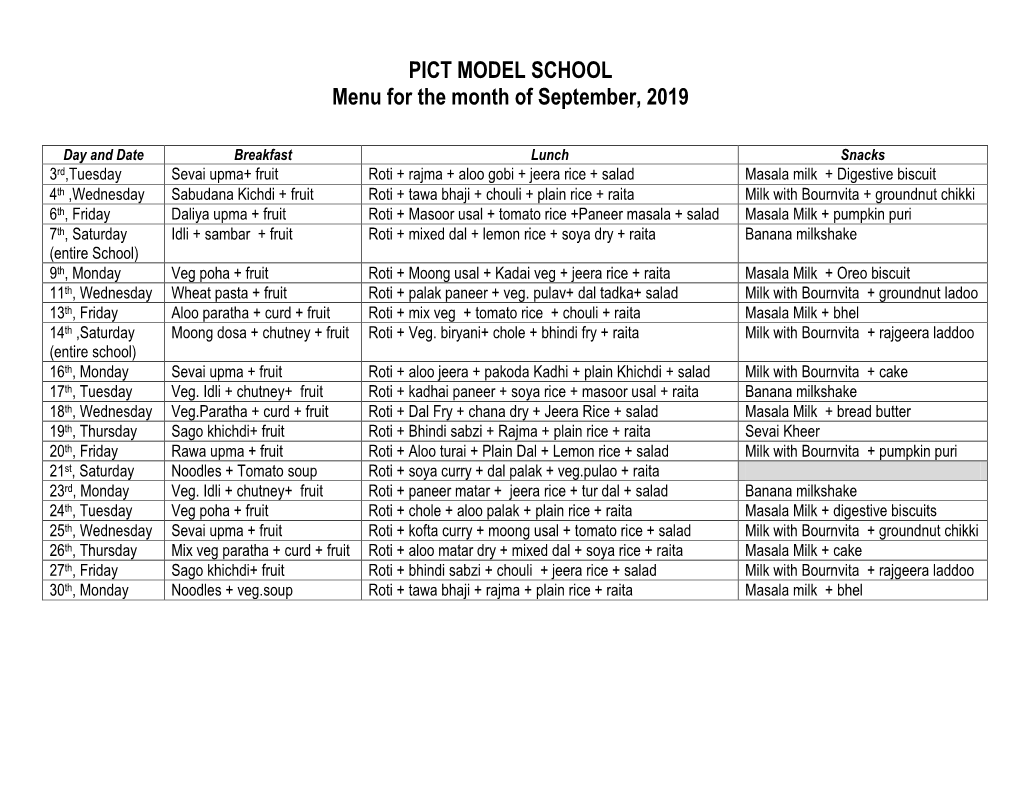 PICT MODEL SCHOOL Menu for the Month of September, 2019