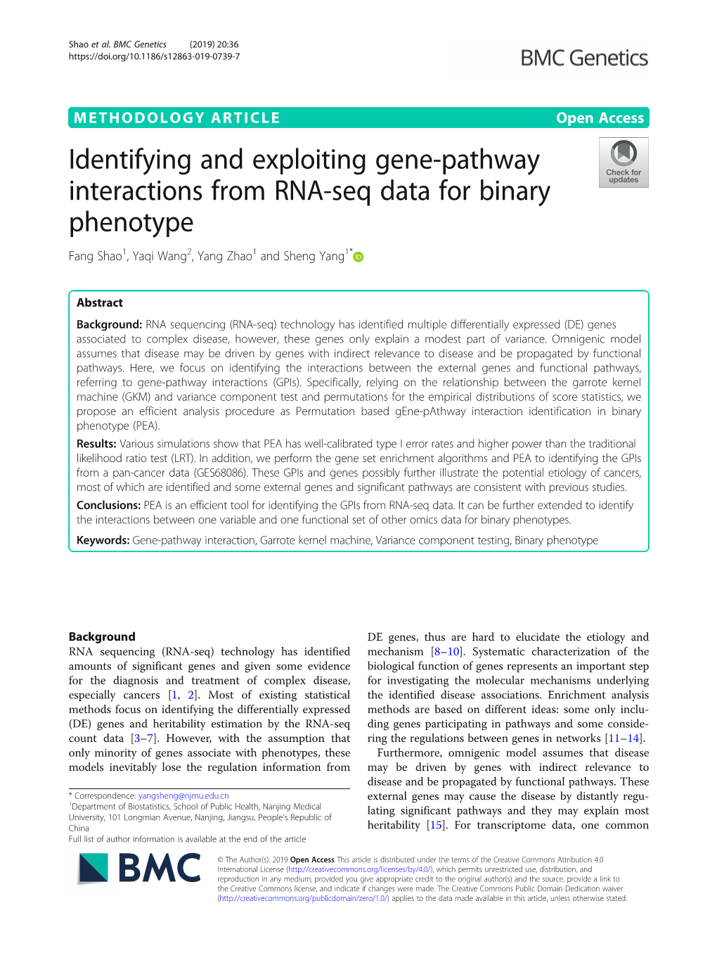 Identifying and Exploiting Gene-Pathway Interactions from RNA-Seq Data for Binary Phenotype Fang Shao1, Yaqi Wang2, Yang Zhao1 and Sheng Yang1*