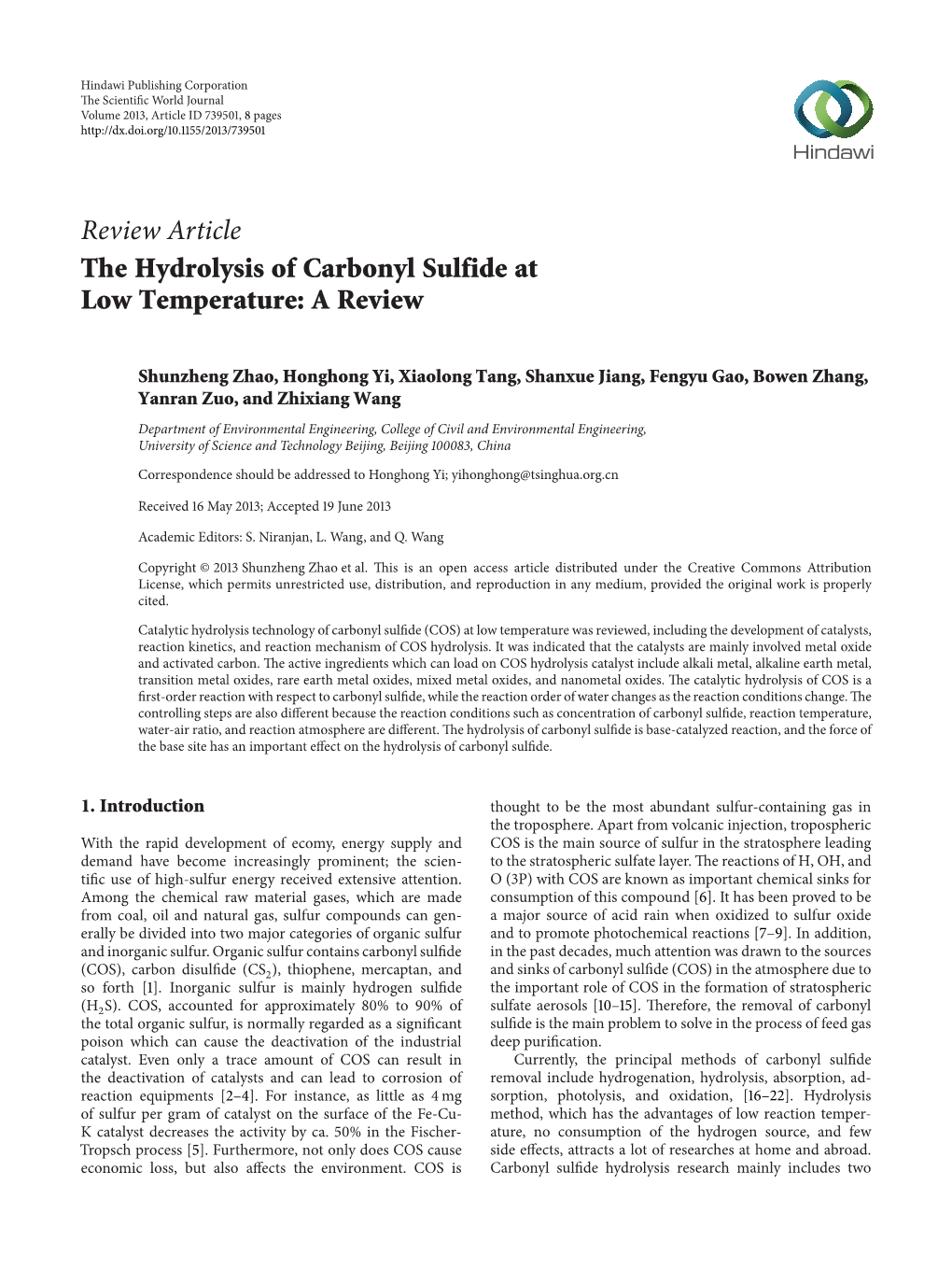 The Hydrolysis of Carbonyl Sulfide at Low Temperature: a Review