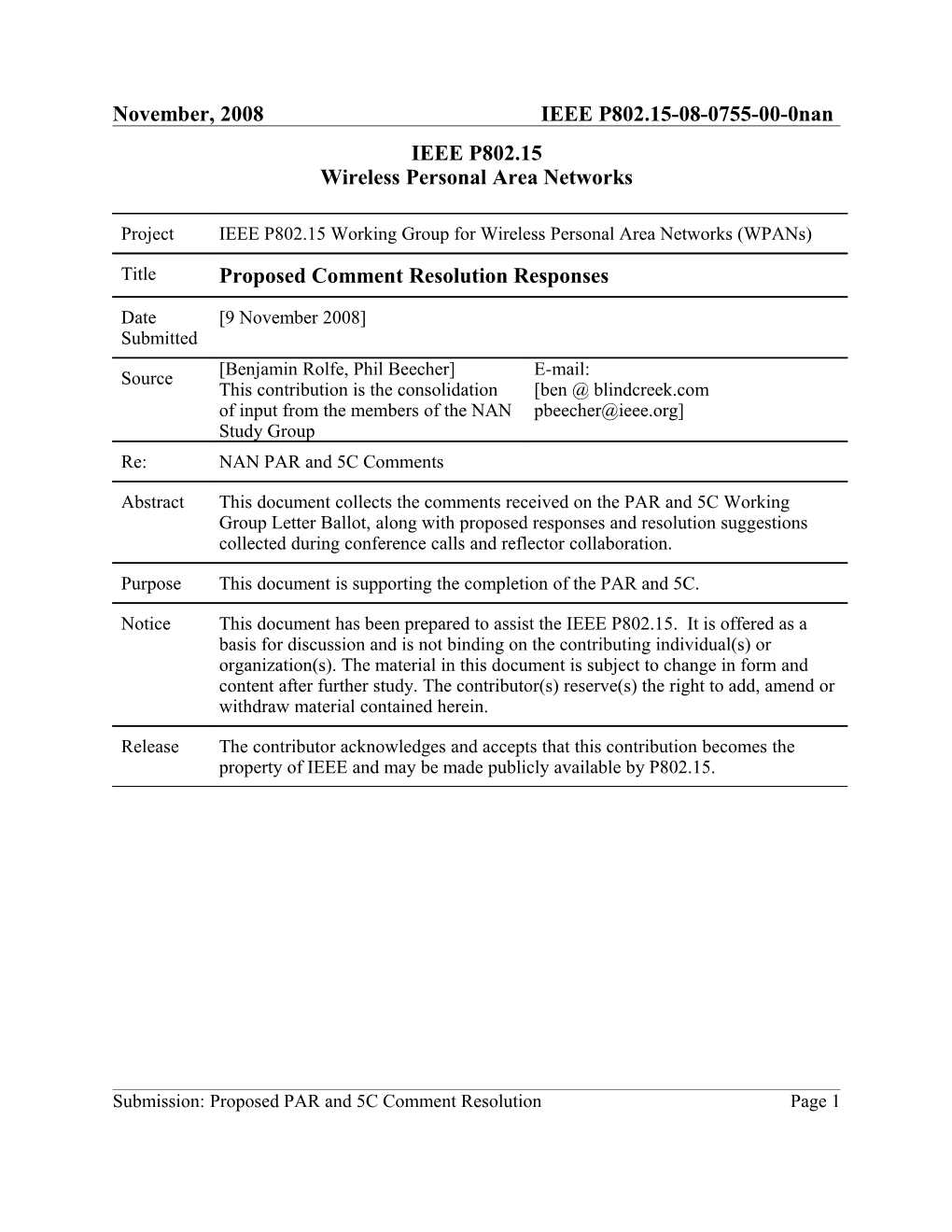 Proposed Comment Resolution Responses