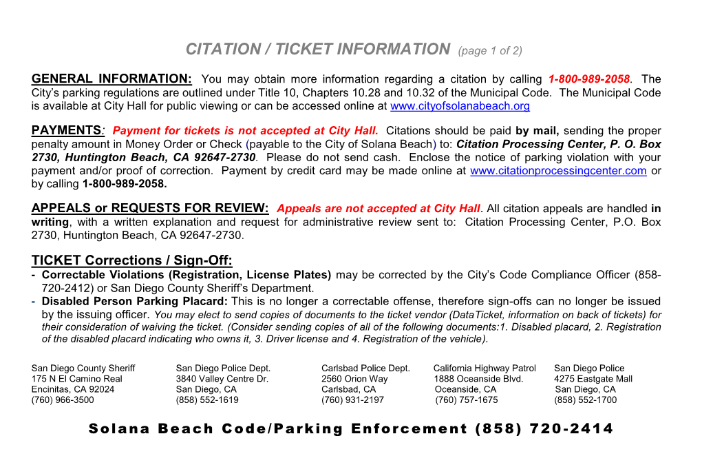 City of Solana Beach) To: Citation Processing Center, P