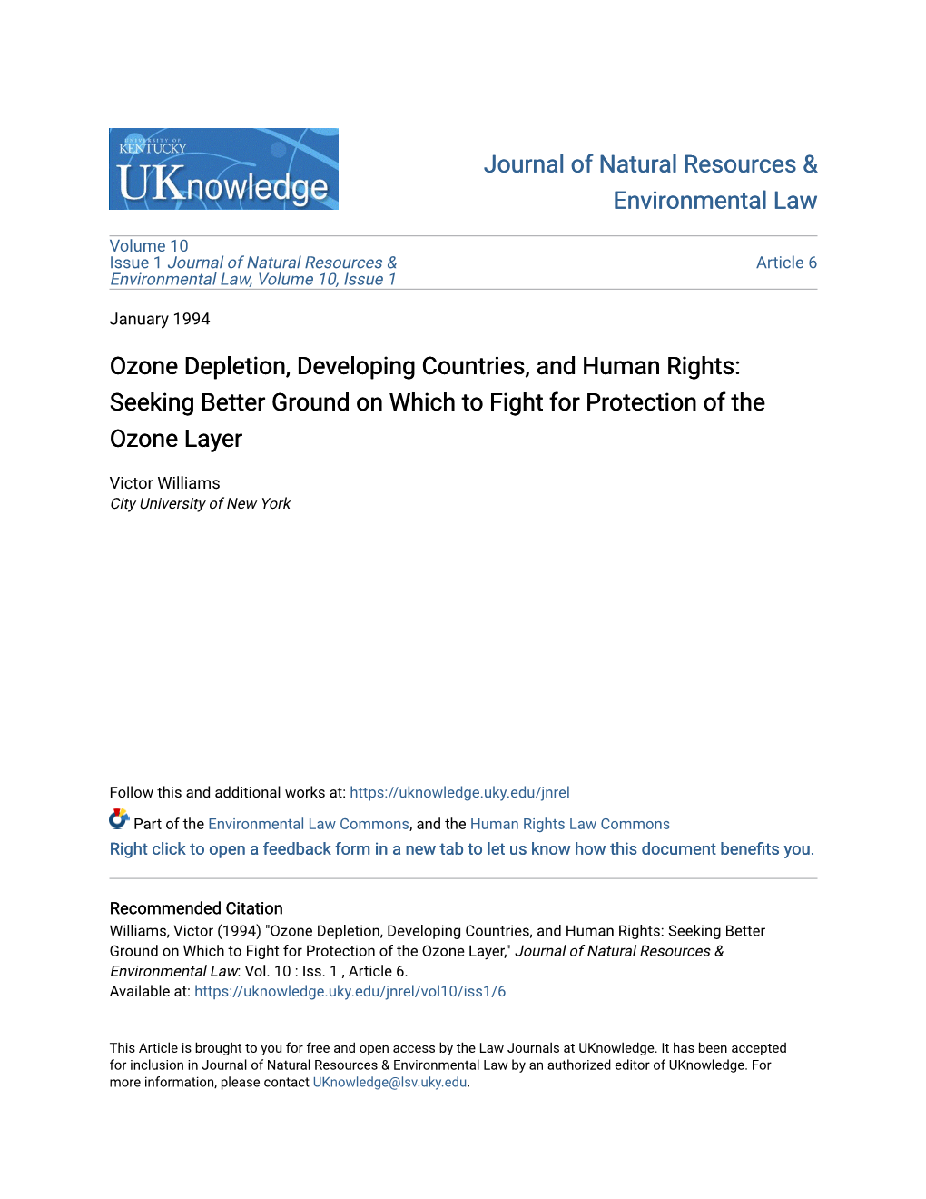 Ozone Depletion, Developing Countries, and Human Rights: Seeking Better Ground on Which to Fight for Protection of the Ozone Layer