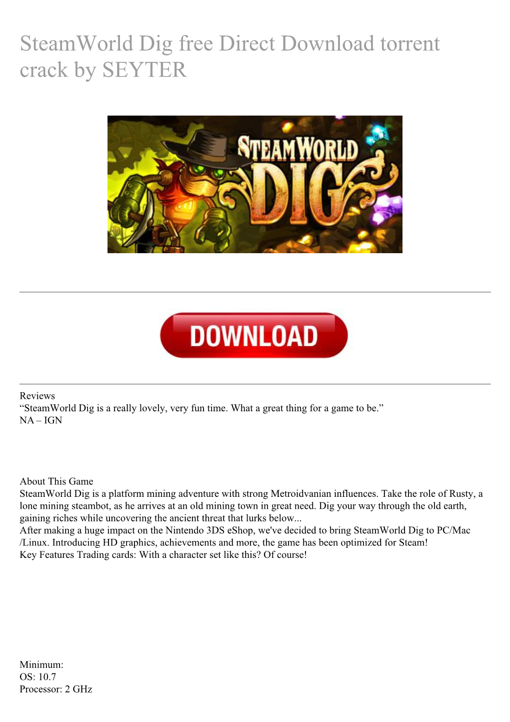 Steamworld Dig Free Direct Download Torrent Crack by SEYTER