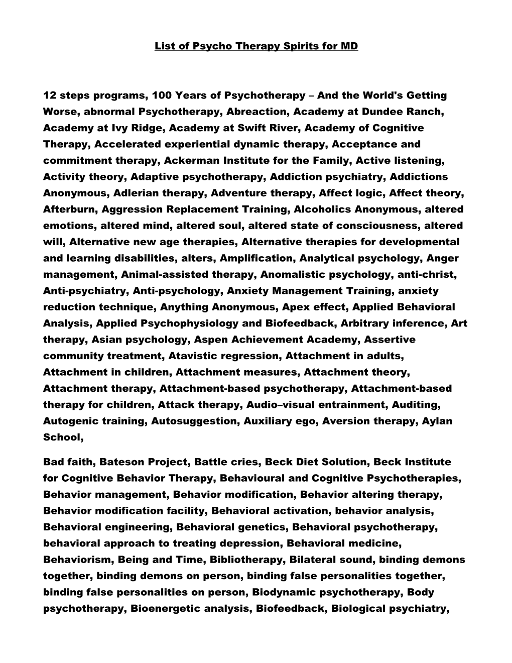 List of Psycho Therapy Spirits for MD 12 Steps Programs, 100 Years Of