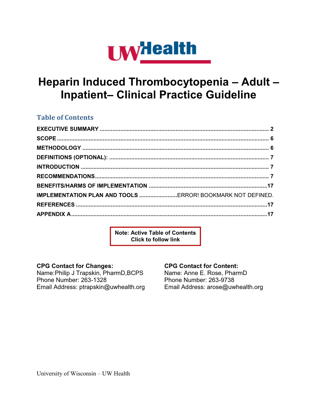 Heparin Induced Thrombocytopenia – Adult – Inpatient– Clinical Practice Guideline