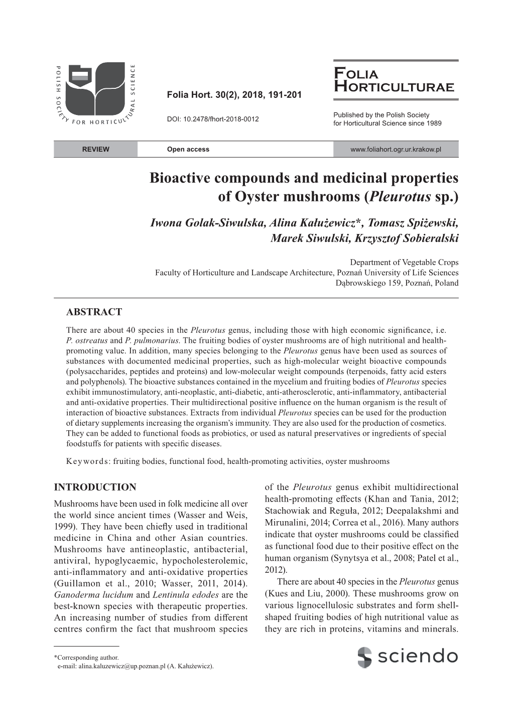 Bioactive Compounds and Medicinal Properties of Oyster Mushrooms (Pleurotus Sp.)