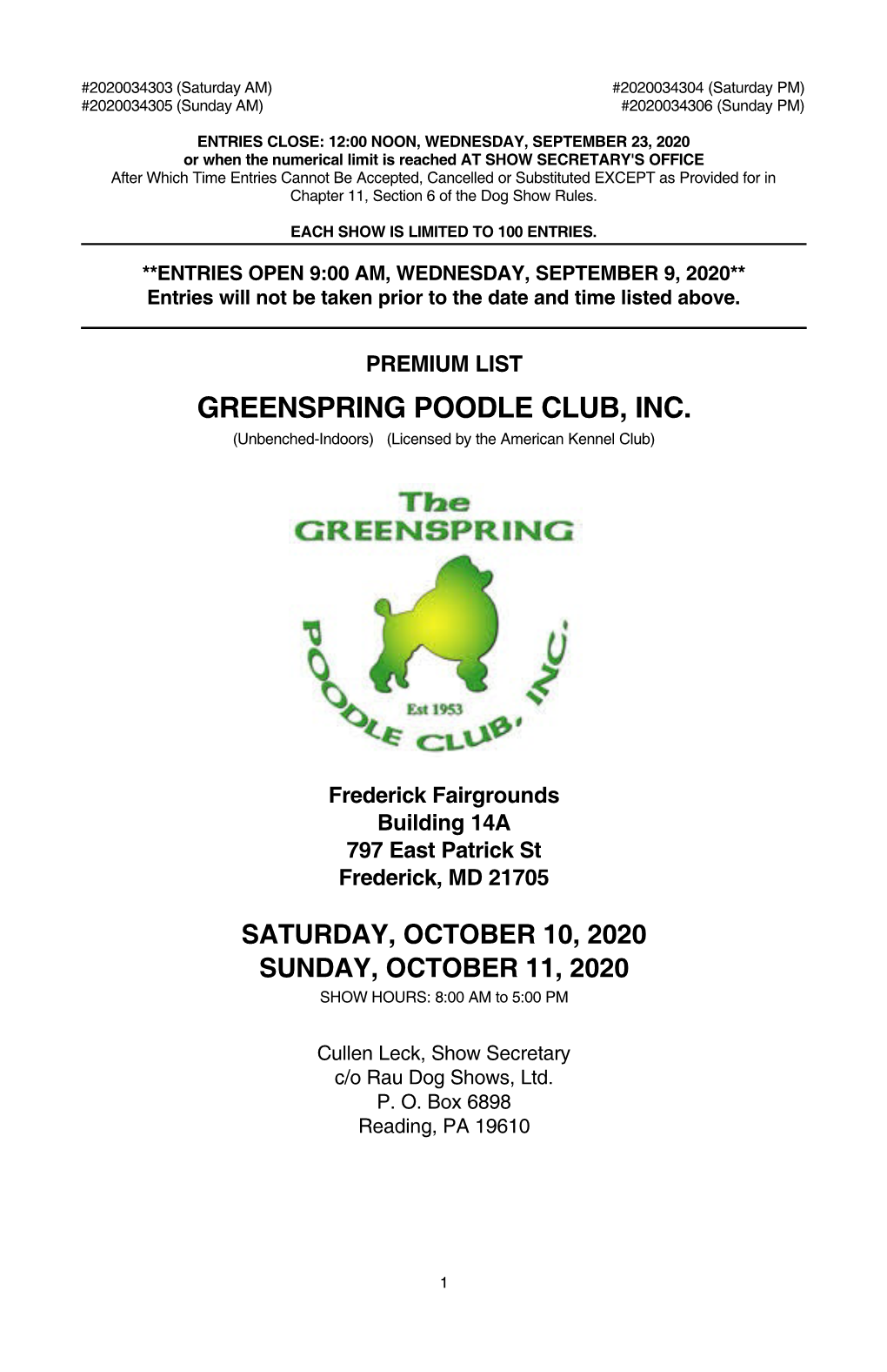 GREENSPRING POODLE CLUB, INC. (Unbenched-Indoors) (Licensed by the American Kennel Club)