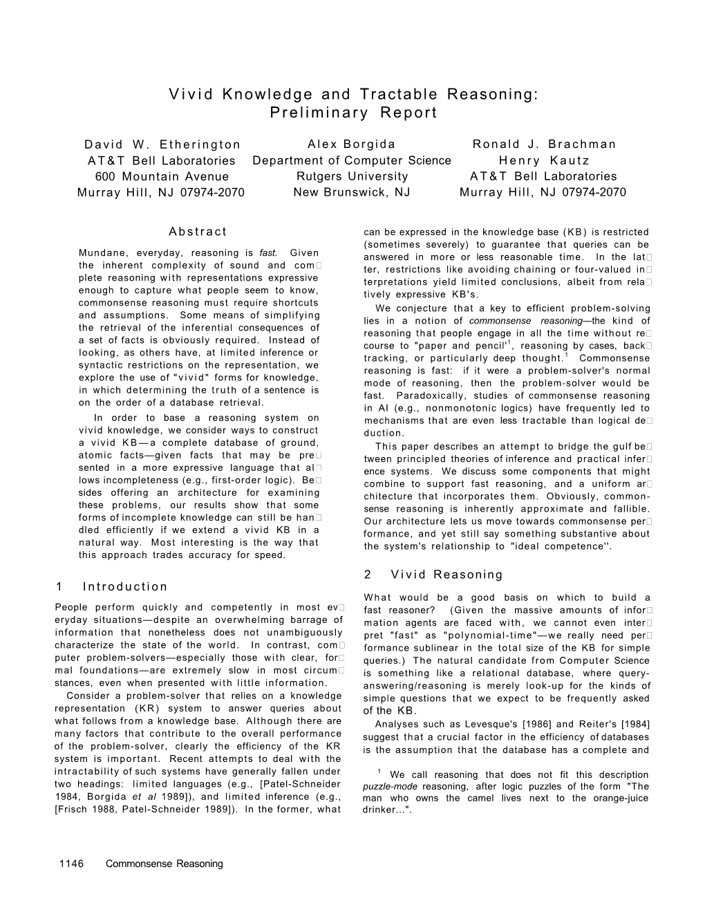 Vivid Knowledge and Tractable Reasoning: Preliminary Report