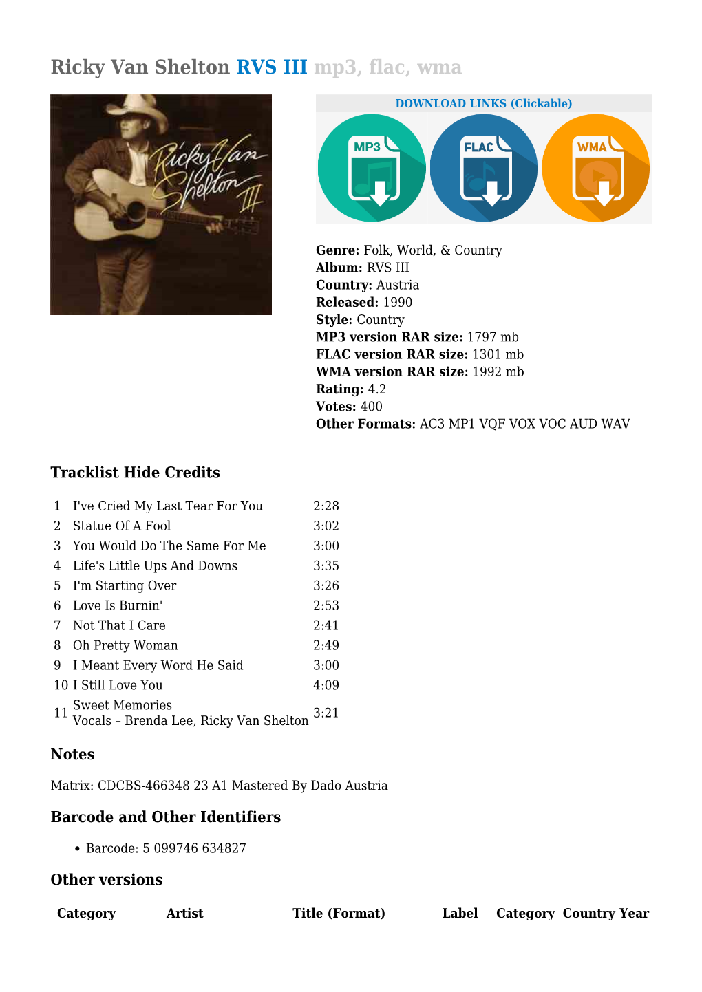 Ricky Van Shelton RVS III Mp3, Flac, Wma