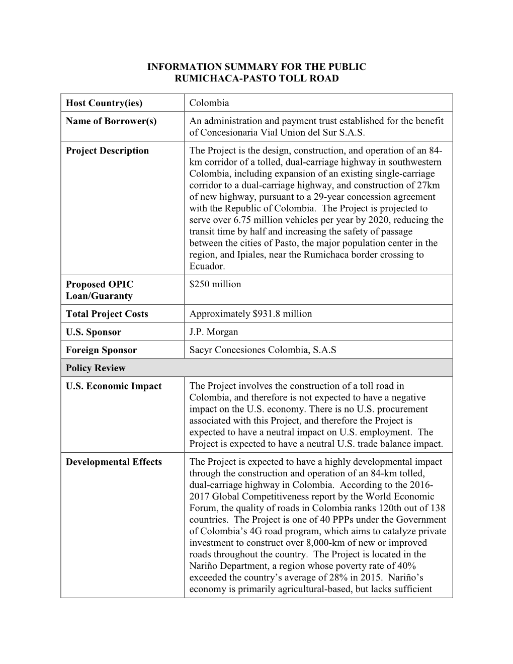 Public Information Summary for Rumichaca-Pasto Toll Road