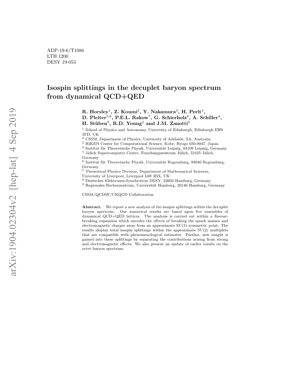 Arxiv:1904.02304V2 [Hep-Lat] 4 Sep 2019 Isospin Splittings in Decuplet Baryons 2