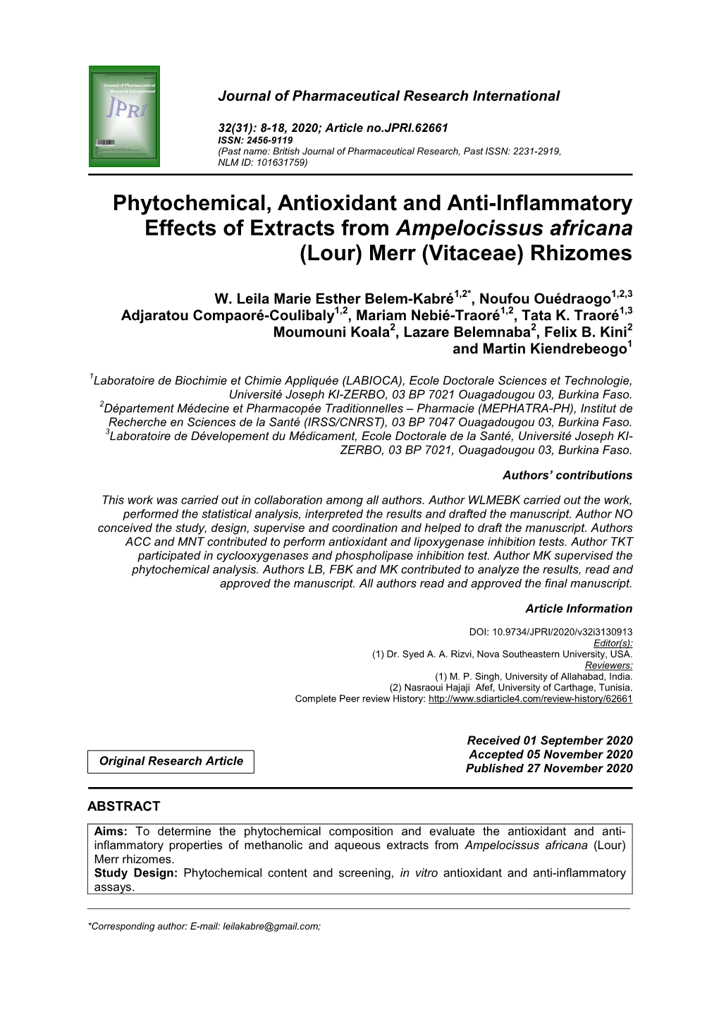 Phytochemical, Antioxidant and Anti-Inflammatory Effects of Extracts from Ampelocissus Africana (Lour) Merr (Vitaceae) Rhizomes