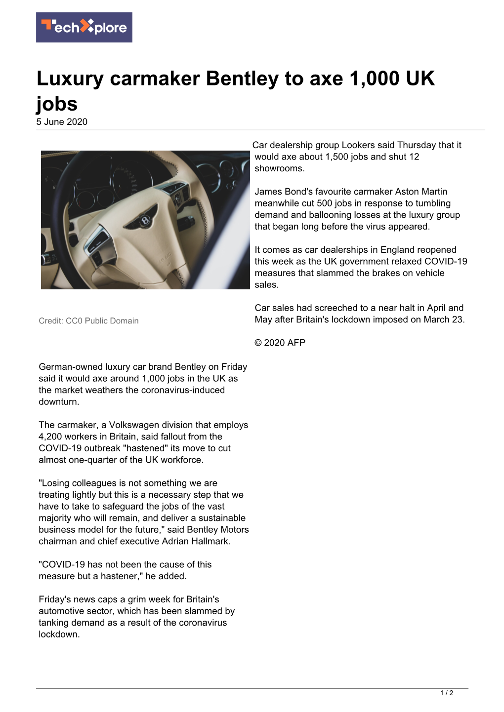 Luxury Carmaker Bentley to Axe 1,000 UK Jobs 5 June 2020