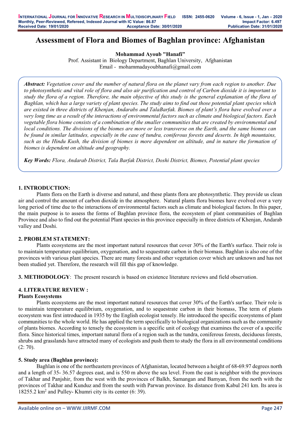 Assessment of Flora and Biomes of Baghlan Province: Afghanistan