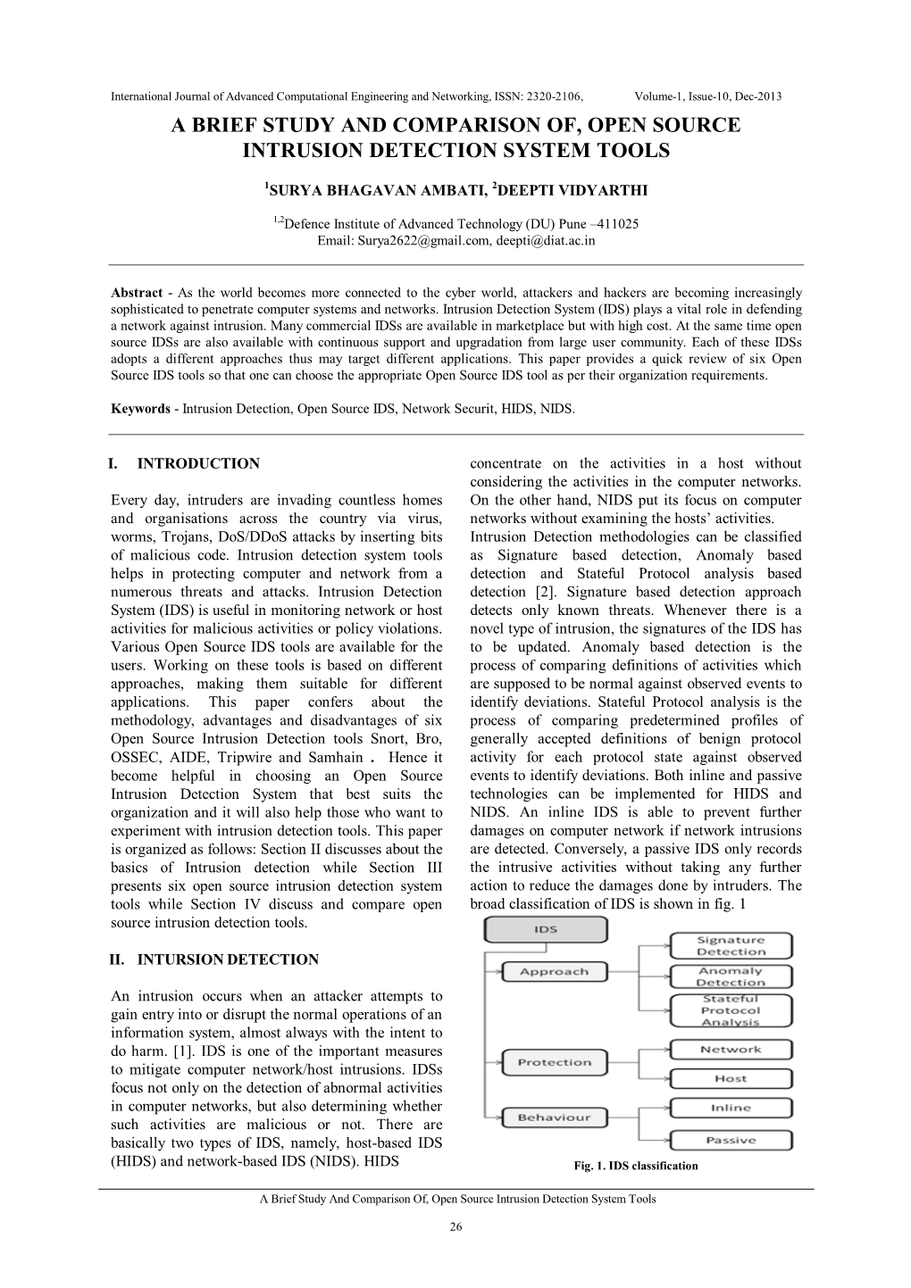 A Brief Study and Comparison Of, Open Source Intrusion Detection System Tools