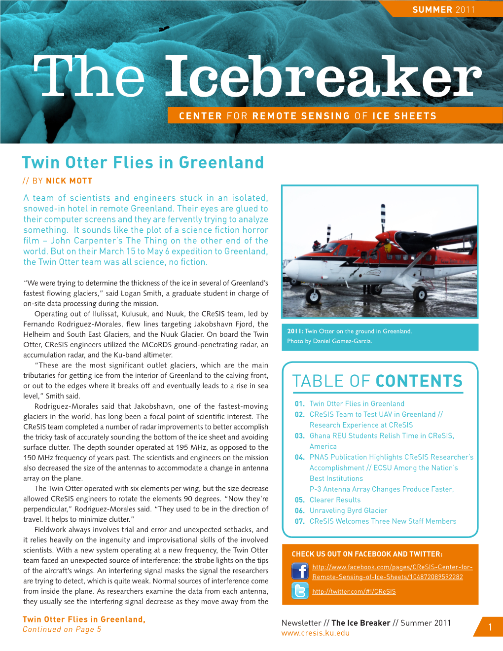 TABLE of CONTENTS Twin Otter Flies in Greenland