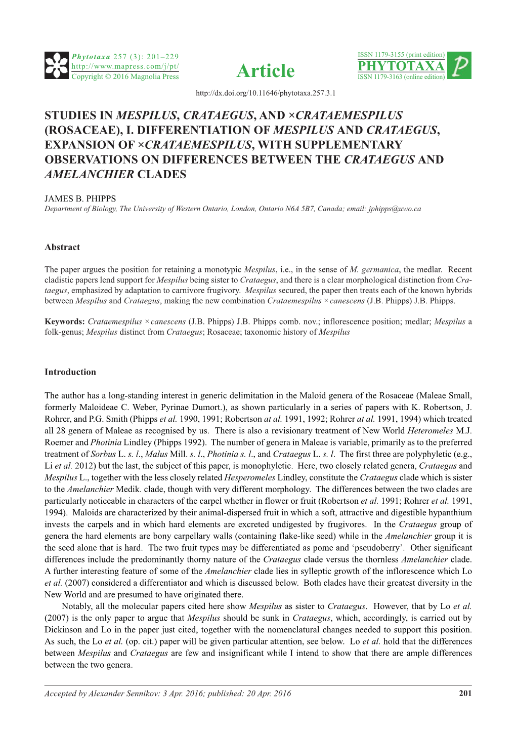 (Rosaceae), I. Differentiation of Mespilus and Crataegus