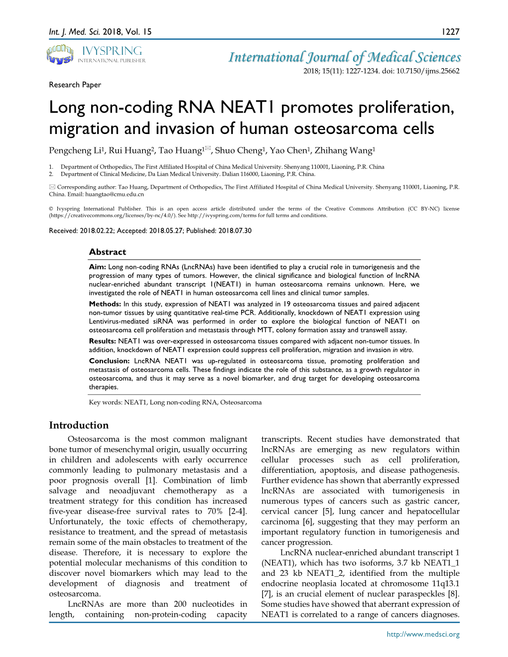 Long Non-Coding RNA NEAT1 Promotes Proliferation, Migration